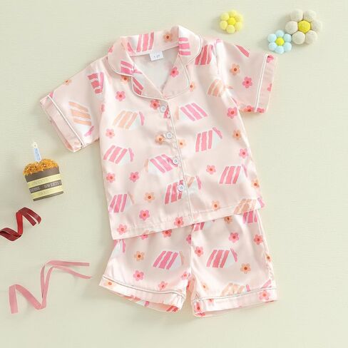 Hekkomird Toddler Girl Girl Summer Pajamas مجموعة القوس طباعة طية صدريقة قصيرة زر أسفل القميص شورتات مرنة الأطفال pjs ملابس النوم in Kuwait