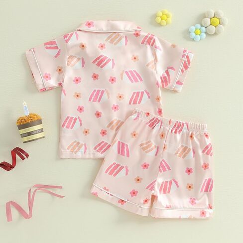 Hekkomird Toddler Girl Girl Summer Pajamas مجموعة القوس طباعة طية صدريقة قصيرة زر أسفل القميص شورتات مرنة الأطفال pjs ملابس النوم in Kuwait