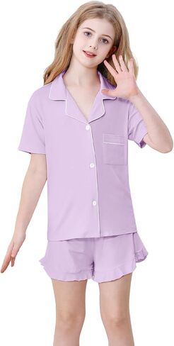 Schbbbta Girls Pajamas Set 2 Piece Button Down Pjs Soft Ruffle Sleepwear Loungewear in Saudi Arabia