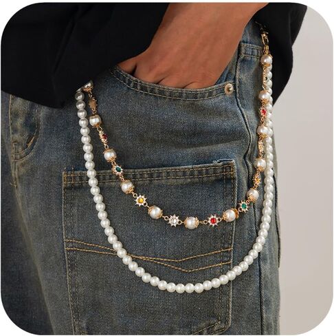 Layered Pants Wallet Chain for Men Women Trendy Vintage Flower Pearl Rhinestone Wallet Chain Dainty Fashion Street Jeans Punk Keychain Jewelry Clothing Accessories in Kuwait