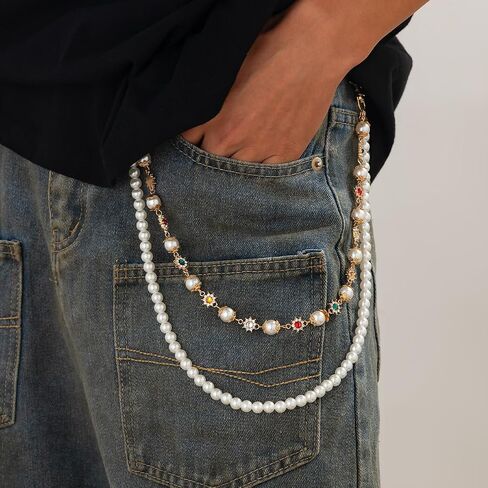 Layered Pants Wallet Chain for Men Women Trendy Vintage Flower Pearl Rhinestone Wallet Chain Dainty Fashion Street Jeans Punk Keychain Jewelry Clothing Accessories in Kuwait