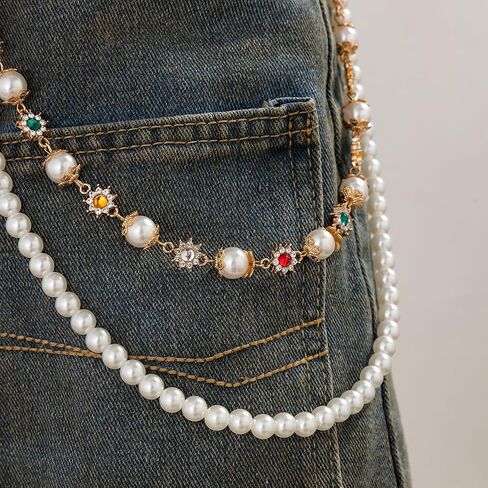 Layered Pants Wallet Chain for Men Women Trendy Vintage Flower Pearl Rhinestone Wallet Chain Dainty Fashion Street Jeans Punk Keychain Jewelry Clothing Accessories in Kuwait