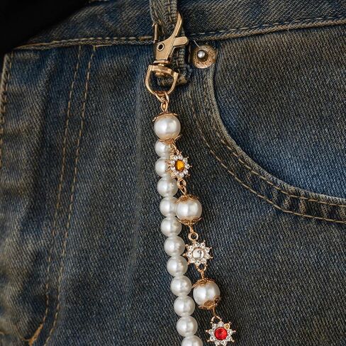 Layered Pants Wallet Chain for Men Women Trendy Vintage Flower Pearl Rhinestone Wallet Chain Dainty Fashion Street Jeans Punk Keychain Jewelry Clothing Accessories in Kuwait