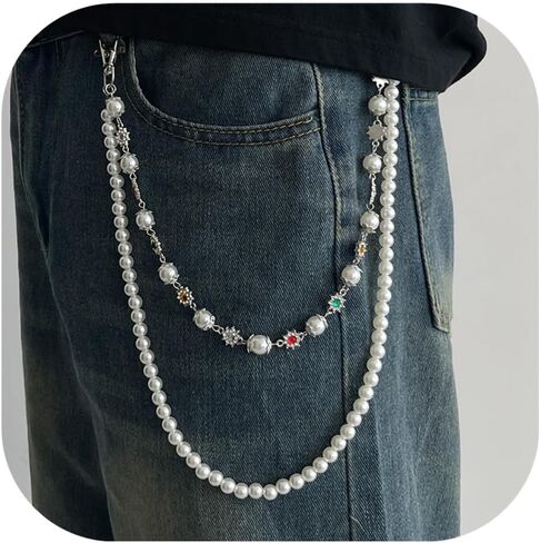 Layered Pants Wallet Chain for Men Women Trendy Vintage Flower Pearl Rhinestone Wallet Chain Dainty Fashion Street Jeans Punk Keychain Jewelry Clothing Accessories in Kuwait