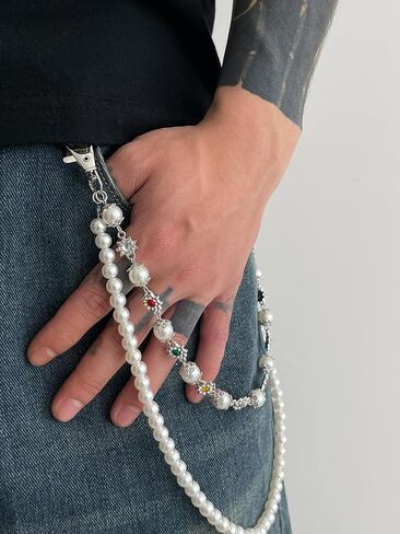 Layered Pants Wallet Chain for Men Women Trendy Vintage Flower Pearl Rhinestone Wallet Chain Dainty Fashion Street Jeans Punk Keychain Jewelry Clothing Accessories in Kuwait