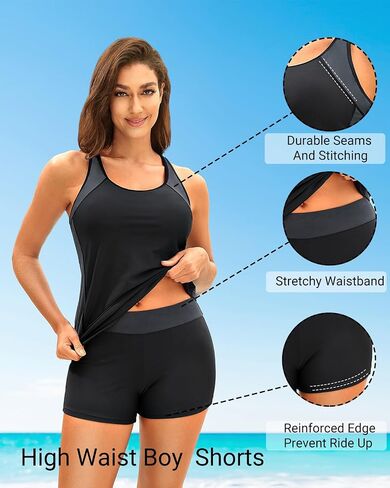 Daci Women 2 قطعة Tankini Swimsuit - 2025 البطن السيطرة على بدلة السباحة الرياضية ألوان كتلة خزان السباحة مع شورت الصبي in Kuwait
