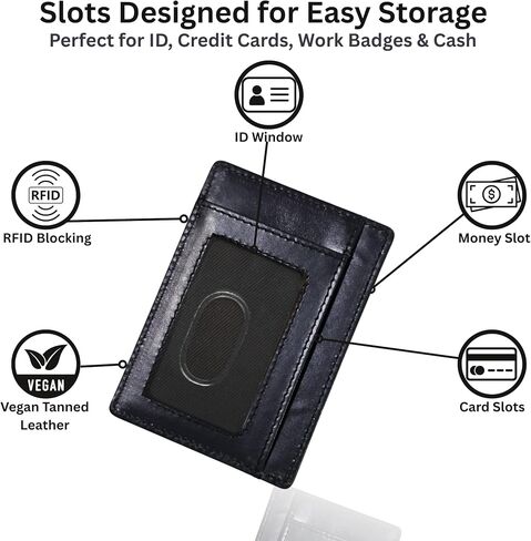 محفظة رفيع الحد الأدنى من RFID محفظة جلدية الجيب الأمامي للرجال والنساء ، حامل بطاقة الائتمان مع نافذة معرف ، تخزين واسع ، تصميم مضغوط ، أسود in Saudi Arabia