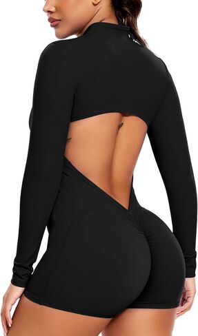 Women Long Sleeve Jumpsuit Zip Up Bodysuits Yoga Workout Unitards Bodycon One Piece Open Back Romper in Kuwait