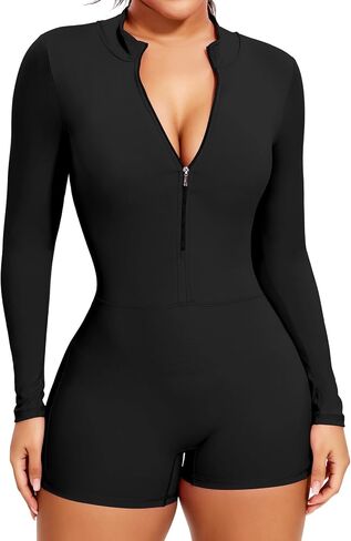 Women Long Sleeve Jumpsuit Zip Up Bodysuits Yoga Workout Unitards Bodycon One Piece Open Back Romper in Kuwait