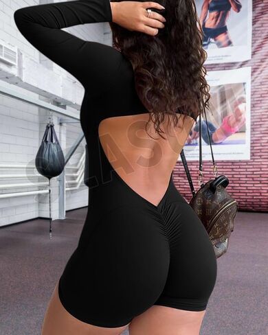 Women Long Sleeve Jumpsuit Zip Up Bodysuits Yoga Workout Unitards Bodycon One Piece Open Back Romper in Kuwait