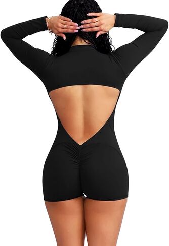 Women Long Sleeve Jumpsuit Zip Up Bodysuits Yoga Workout Unitards Bodycon One Piece Open Back Romper in Kuwait