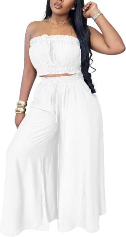 Two Piece Sets for Women Summer Outfits Crop Tops and Wide Leg Pants Sets Sexy Jumpsuits Vacation Outfits with Pockets in Kuwait