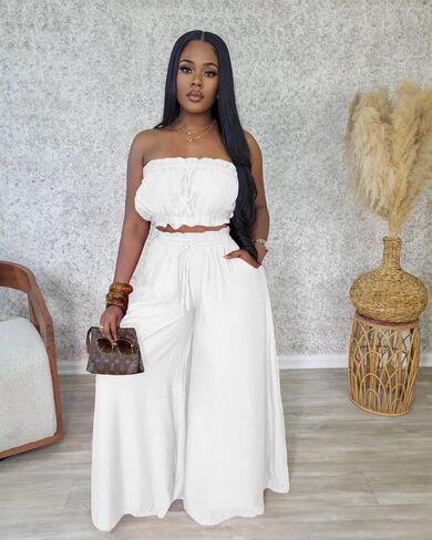 Two Piece Sets for Women Summer Outfits Crop Tops and Wide Leg Pants Sets Sexy Jumpsuits Vacation Outfits with Pockets in Kuwait
