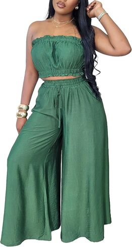 Two Piece Sets for Women Summer Outfits Crop Tops and Wide Leg Pants Sets Sexy Jumpsuits Vacation Outfits with Pockets in Kuwait