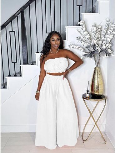 Two Piece Sets for Women Summer Outfits Crop Tops and Wide Leg Pants Sets Sexy Jumpsuits Vacation Outfits with Pockets in Kuwait