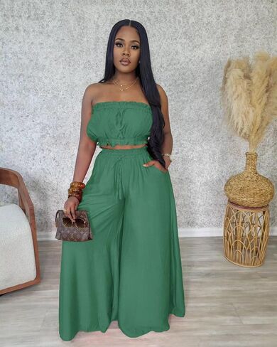 Two Piece Sets for Women Summer Outfits Crop Tops and Wide Leg Pants Sets Sexy Jumpsuits Vacation Outfits with Pockets in Kuwait