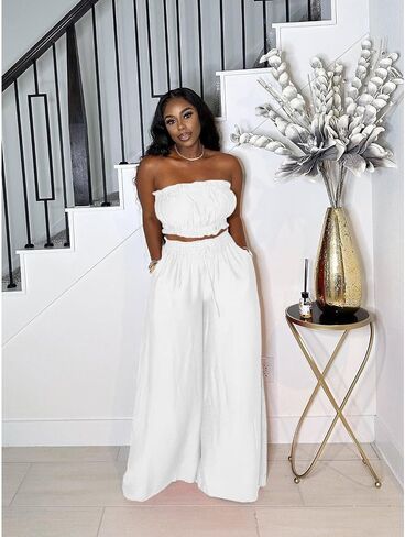 Two Piece Sets for Women Summer Outfits Crop Tops and Wide Leg Pants Sets Sexy Jumpsuits Vacation Outfits with Pockets in Kuwait