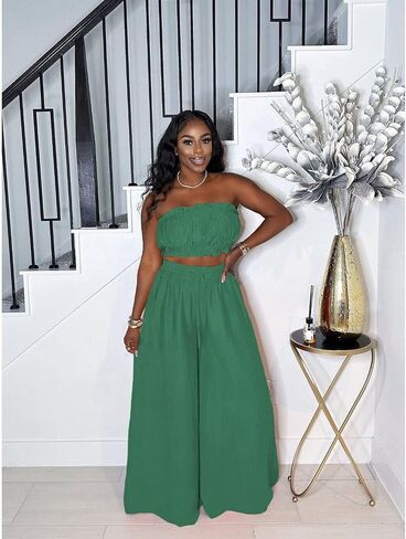 Two Piece Sets for Women Summer Outfits Crop Tops and Wide Leg Pants Sets Sexy Jumpsuits Vacation Outfits with Pockets in Kuwait