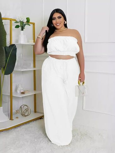 Two Piece Sets for Women Summer Outfits Crop Tops and Wide Leg Pants Sets Sexy Jumpsuits Vacation Outfits with Pockets in Kuwait