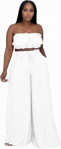 Two Piece Sets for Women Summer Outfits Crop Tops and Wide Leg Pants Sets Sexy Jumpsuits Vacation Outfits with Pockets in Kuwait