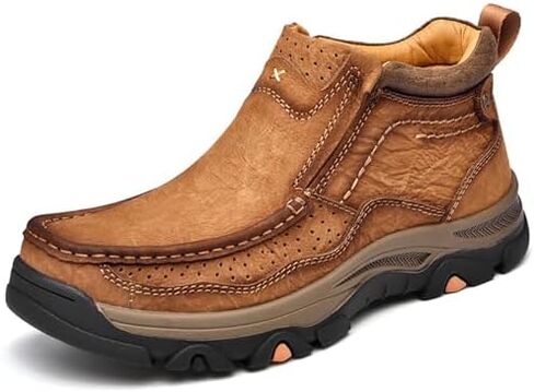 Tokouk Mens Hand Stitching Leather Slip On Ankle Boots, Casual Moccasin Chukka Boots Non-Slip Outdoor Hiking and Driving Loafers in Saudi Arabia