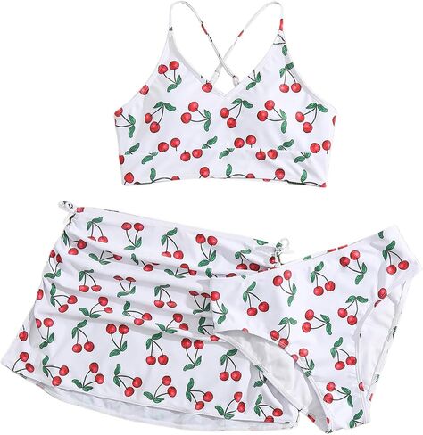 Floerns Girl's 3 Piece Swimsuit Cherry Print Cute Bikini Set with Cover Up Skirt in Saudi Arabia