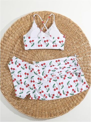 Floerns Girl's 3 Piece Swimsuit Cherry Print Cute Bikini Set with Cover Up Skirt in Saudi Arabia