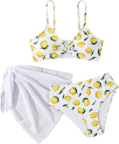 Floerns Girl's 3 Piece Swimsuit Cherry Print Cute Bikini Set with Cover Up Skirt in Saudi Arabia