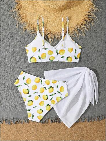 Floerns Girl's 3 Piece Swimsuit Cherry Print Cute Bikini Set with Cover Up Skirt in Saudi Arabia