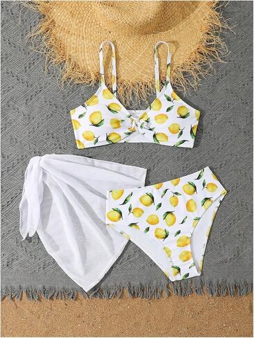 Floerns Girl's 3 Piece Swimsuit Cherry Print Cute Bikini Set with Cover Up Skirt in Saudi Arabia