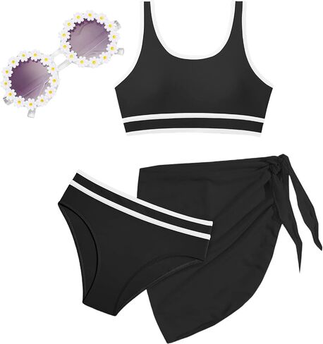 Teen Girls Swimsuit High Waist Sporty Bikini Bathing Suits with Cover Up Skirt and Sunglasses 4 Piece Set 8-15 Years in Saudi Arabia