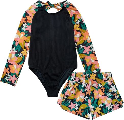 Volcom Girls' Swimsuit Set - UPF50+ Quick-Dry Girls One Piece Swimsuits with Matching Swim Shorts for Swimming (Sizes: 2T-16) in Kuwait