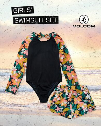Volcom Girls' Swimsuit Set - UPF50+ Quick-Dry Girls One Piece Swimsuits with Matching Swim Shorts for Swimming (Sizes: 2T-16) in Kuwait