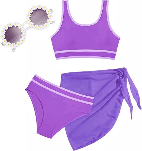 Teen Girls Swimsuit High Waist Sporty Bikini Bathing Suits with Cover Up Skirt and Sunglasses 4 Piece Set 8-15 Years in Saudi Arabia