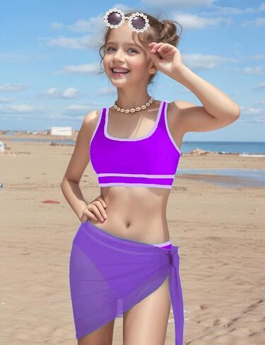 Teen Girls Swimsuit High Waist Sporty Bikini Bathing Suits with Cover Up Skirt and Sunglasses 4 Piece Set 8-15 Years in Saudi Arabia