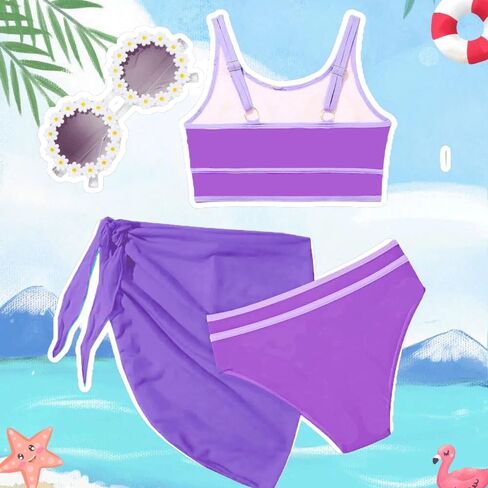 Teen Girls Swimsuit High Waist Sporty Bikini Bathing Suits with Cover Up Skirt and Sunglasses 4 Piece Set 8-15 Years in Saudi Arabia