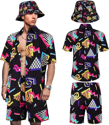 Geosar Men's 2 Pcs 80s 90s Outfit for Men Hippie Shirts and Shorts Set with Hat Neon Disco Halloween Party Costume Clothes in Saudi Arabia