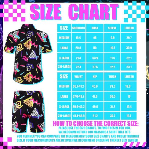 Geosar Men's 2 Pcs 80s 90s Outfit for Men Hippie Shirts and Shorts Set with Hat Neon Disco Halloween Party Costume Clothes in Saudi Arabia