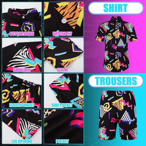Geosar Men's 2 Pcs 80s 90s Outfit for Men Hippie Shirts and Shorts Set with Hat Neon Disco Halloween Party Costume Clothes in Saudi Arabia