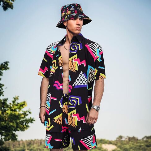 Geosar Men's 2 Pcs 80s 90s Outfit for Men Hippie Shirts and Shorts Set with Hat Neon Disco Halloween Party Costume Clothes in Saudi Arabia