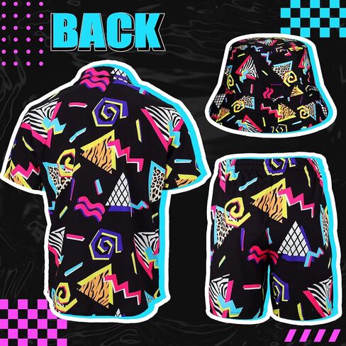 Geosar Men's 2 Pcs 80s 90s Outfit for Men Hippie Shirts and Shorts Set with Hat Neon Disco Halloween Party Costume Clothes in Saudi Arabia
