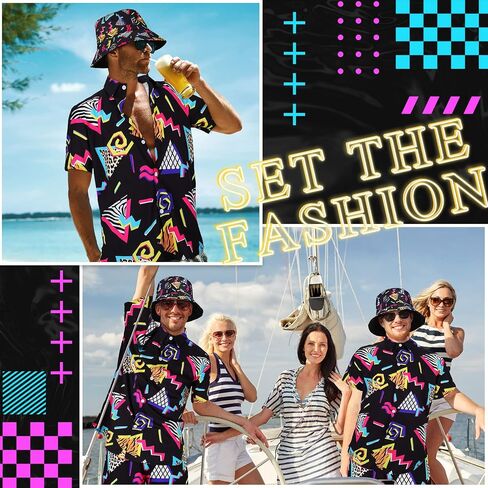 Geosar Men's 2 Pcs 80s 90s Outfit for Men Hippie Shirts and Shorts Set with Hat Neon Disco Halloween Party Costume Clothes in Saudi Arabia