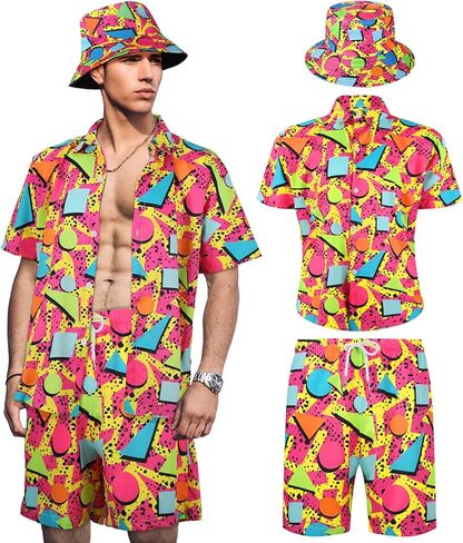 Geosar Men's 2 Pcs 80s 90s Outfit for Men Hippie Shirts and Shorts Set with Hat Neon Disco Halloween Party Costume Clothes in Saudi Arabia