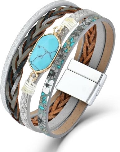 Turquoise Bracelet Leather Wrap Bracelets for Women Fashion Multi-Layer Jewelry for Her in Saudi Arabia