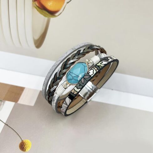 Turquoise Bracelet Leather Wrap Bracelets for Women Fashion Multi-Layer Jewelry for Her in Saudi Arabia