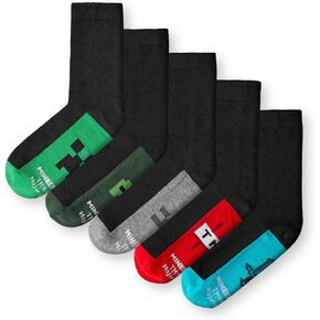 Minecraft Boys Socks Set of 5 | Childrens Back to School Calf Socks with Creeper, Diamond Sword and TNT Print in Black