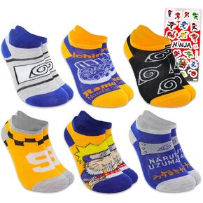 Naruto Socks for Kids - Bundle with 6 Pairs of Naruto Socks for Kids Ages 6-8 Size 10-4 Plus Stickers | Naruto Set for Boys and Girls