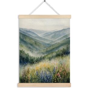 FITIE Mountains Wall Art, Mountain Wall Decor, Rustic Farmhouse Forest Wall Art Decor, Watercolor Blue Ridge Mountains Wildflower Nature Landscape Canvas Wall Art Poster Hanger Frame, 12x16 Inches
