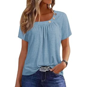 Womens Summer Tops Short Sleeve Asymmetrical Neck T Shirts with Buttons