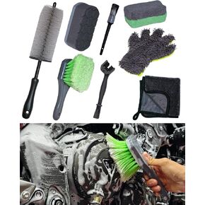 8 Pack Motorcycle Cleaning Kit - Professional Safe for Chrome/Engine/Tires, Hard Reach Brush, Microfiber Mitt, Detailing Tools, Drying Towel & Wax Applicators